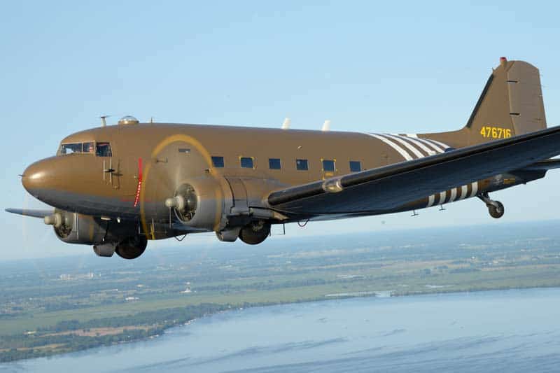 The C-47 Hairless Joe taking flight over the plains and lakes