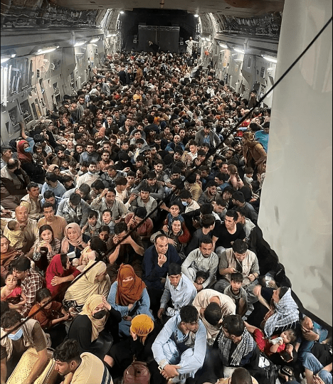 A C-17 evacuating 823 passengers out of Kabul on 15 Aug 2021.
